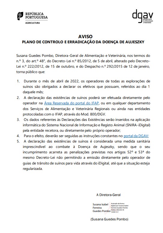 Imagem Aviso - plano de controlo e erradicação da doença de aujeszky