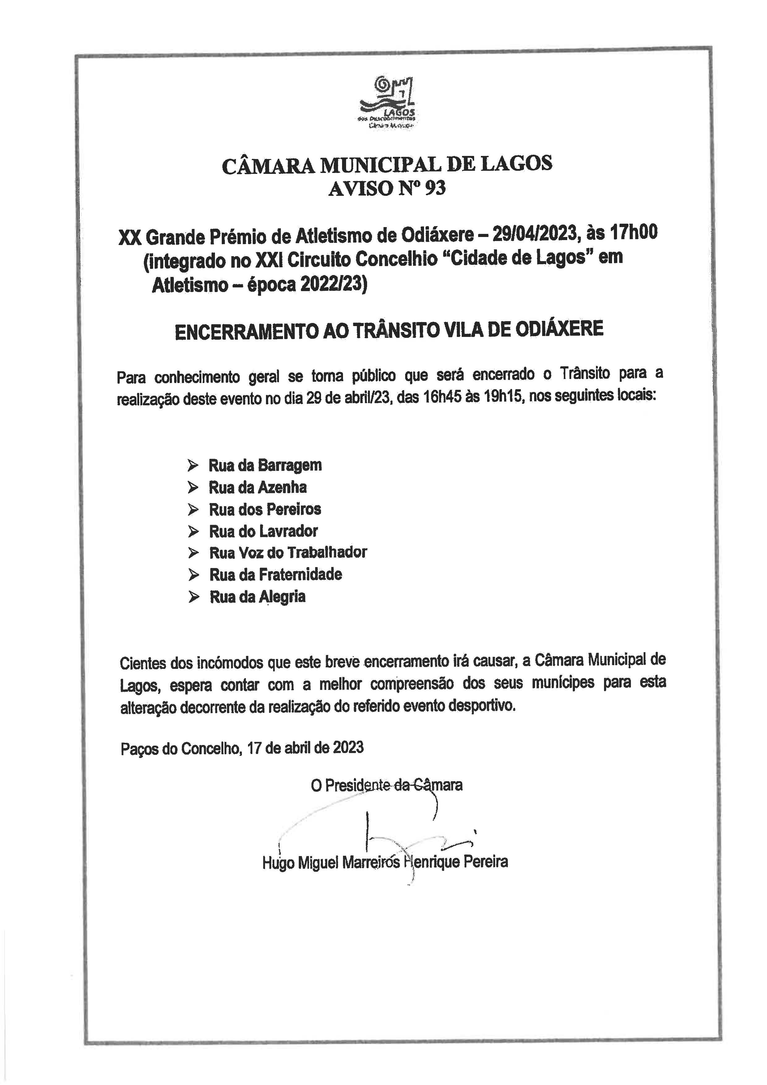 Imagem Aviso - Encerramento ao Trânsito da Vila de Odiáxere - XX Grande Prémio de Atletismo de Odiáxere