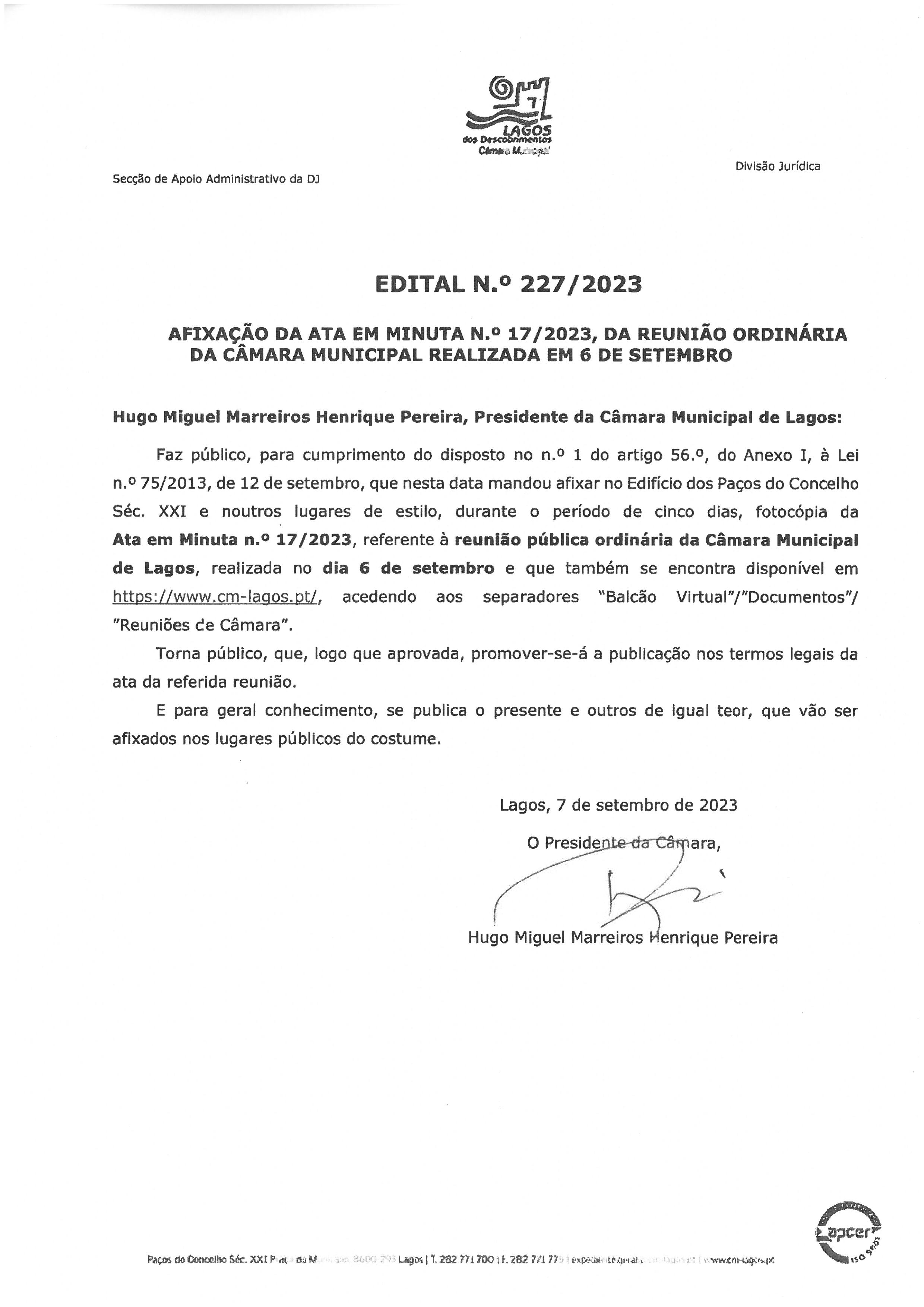 Imagem Edital N.º 227/2023 - Afixação da ata minuta N.17/2023