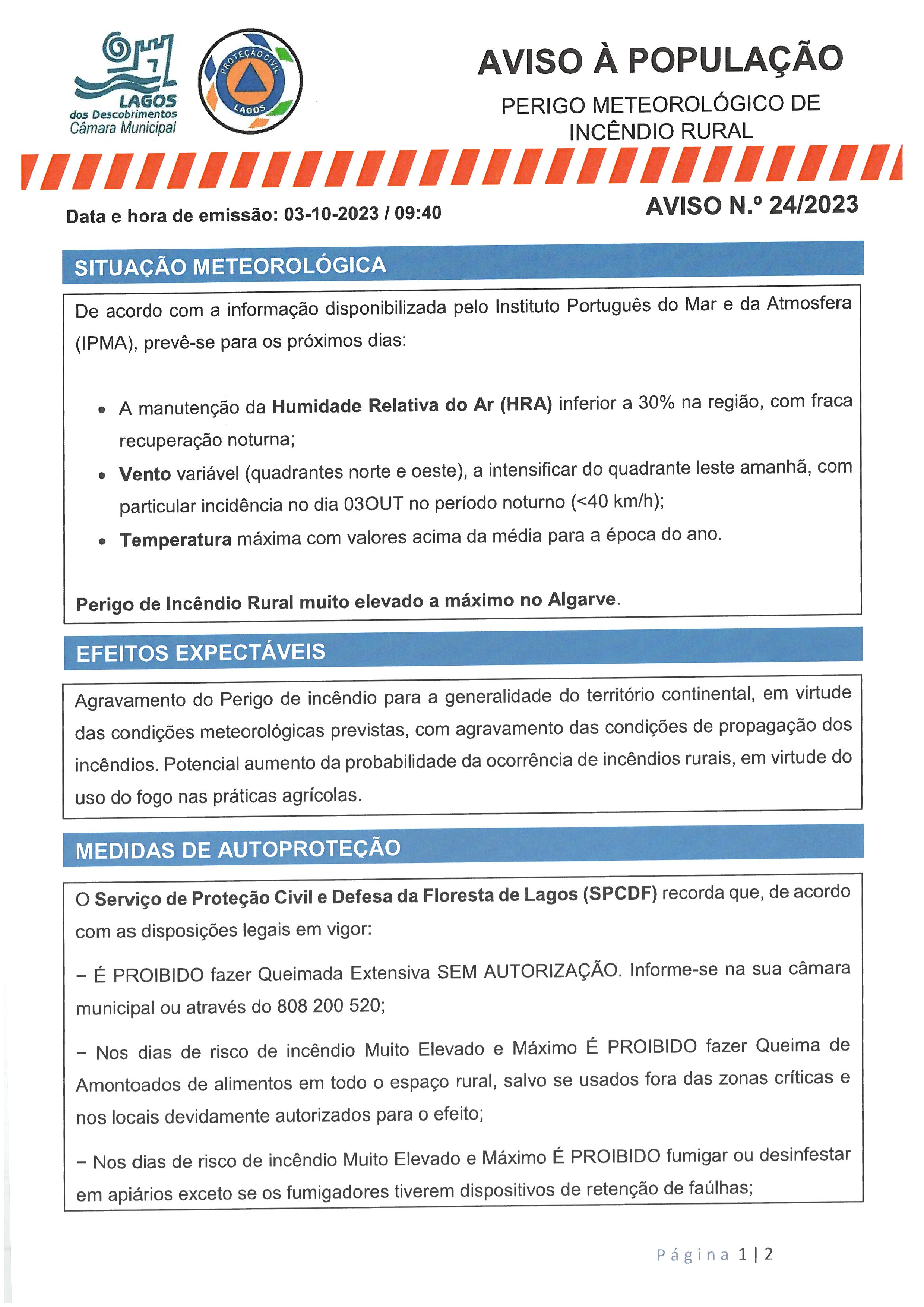 Imagem Aviso à População - Perigo Meteorológico de Incêndio Rural