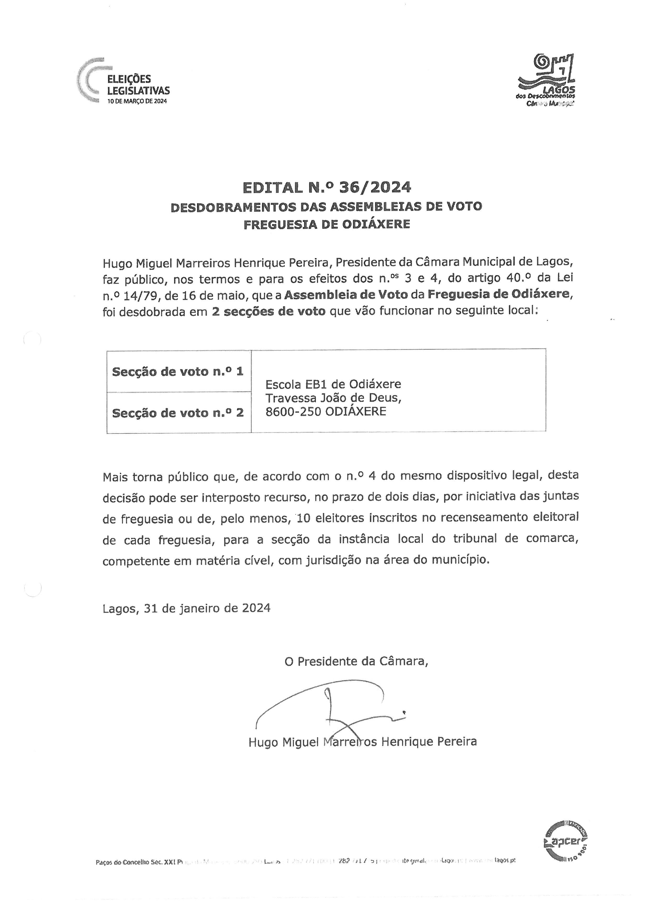 Imagem Edital N.º 36/2024 - Desdobramento das Assembleias de Voto - Freguesia de Odiáxere