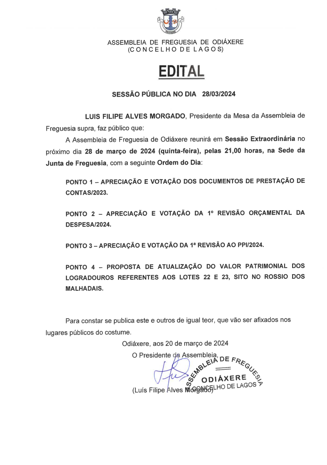 Imagem Edital - Assembleia de Freguesia de Odiáxere - Sessão Pública Extraordinária de 28 de março de 2024