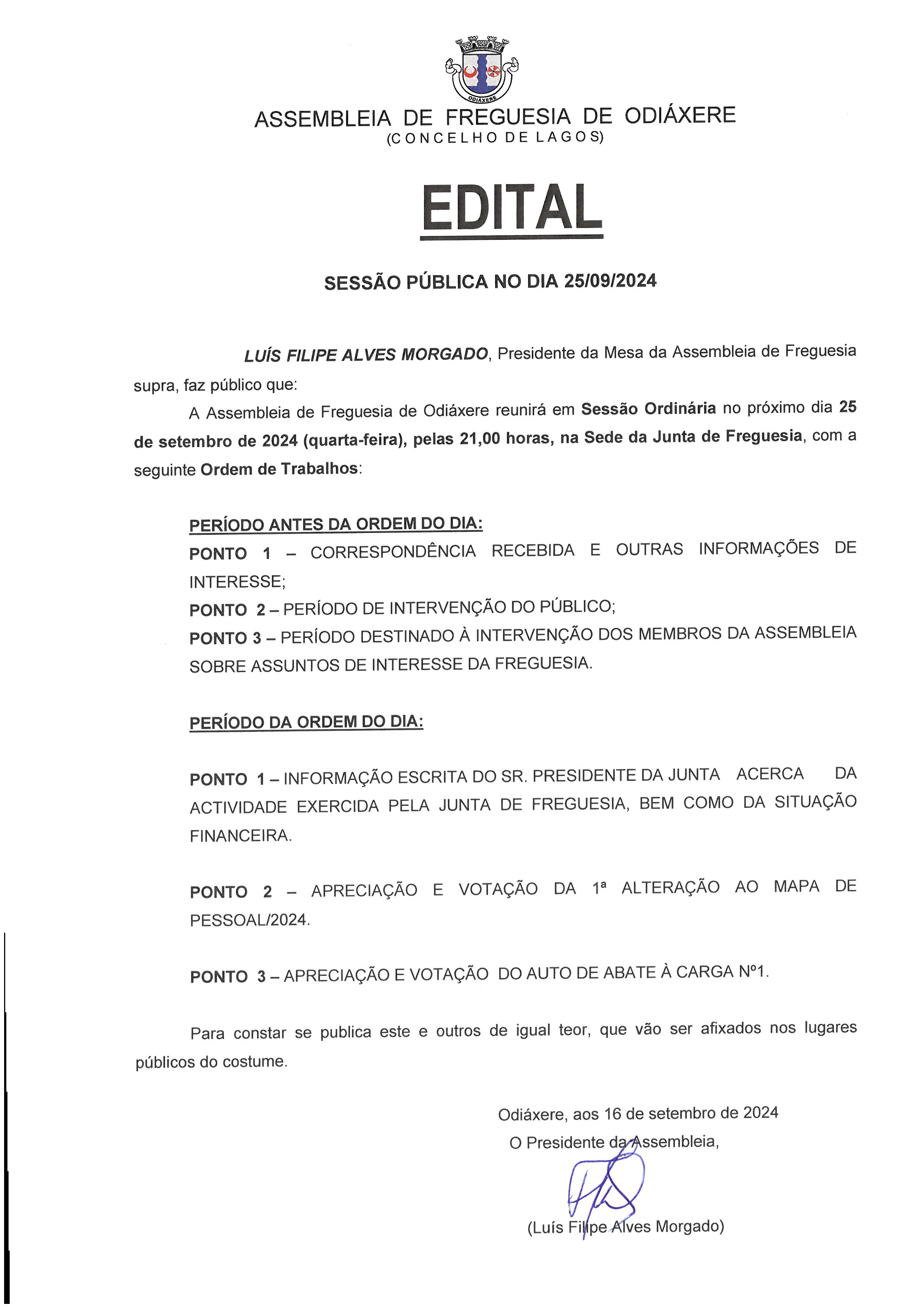 Imagem Edital AF - Sessão Ordinária de 25 de setembro de 2024