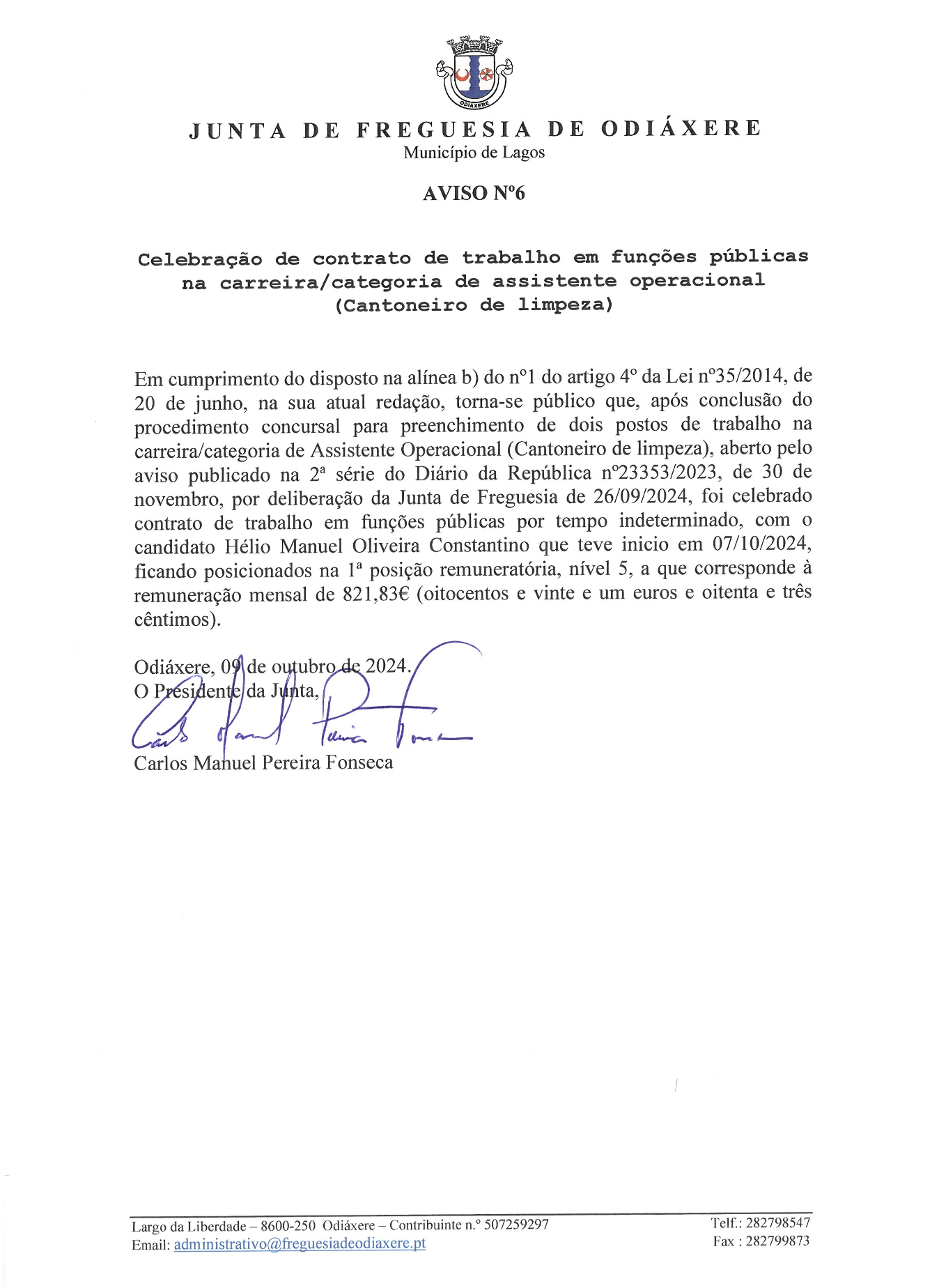 Imagem Aviso N.º 6 - Celebração de contrato de trabalho