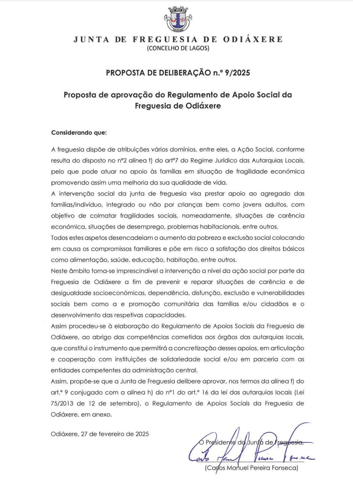Imagem Proposta de Aprovação do Regulamento de Apoio Social da Freguesia de Odiáxere