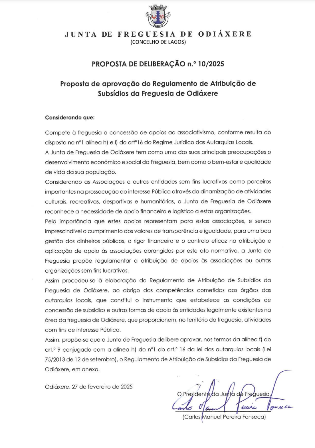 Imagem Proposta de Aprovação do Regulamento de Atribuição de Subsídios da Freguesia de Odiáxere