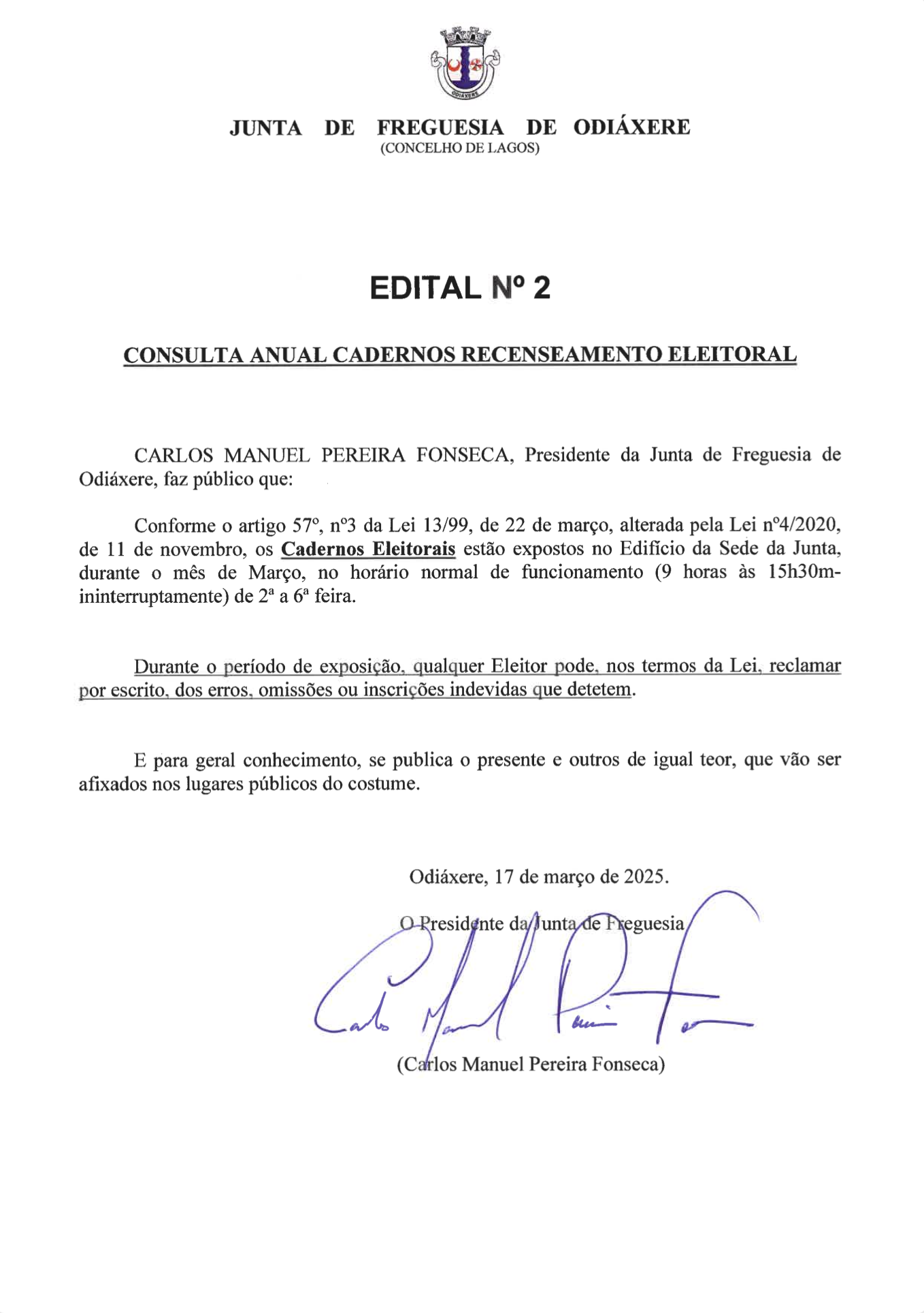 Imagem Edital N.º 2 - Consulta dos Cadernos de Recenseamento Eleitoral