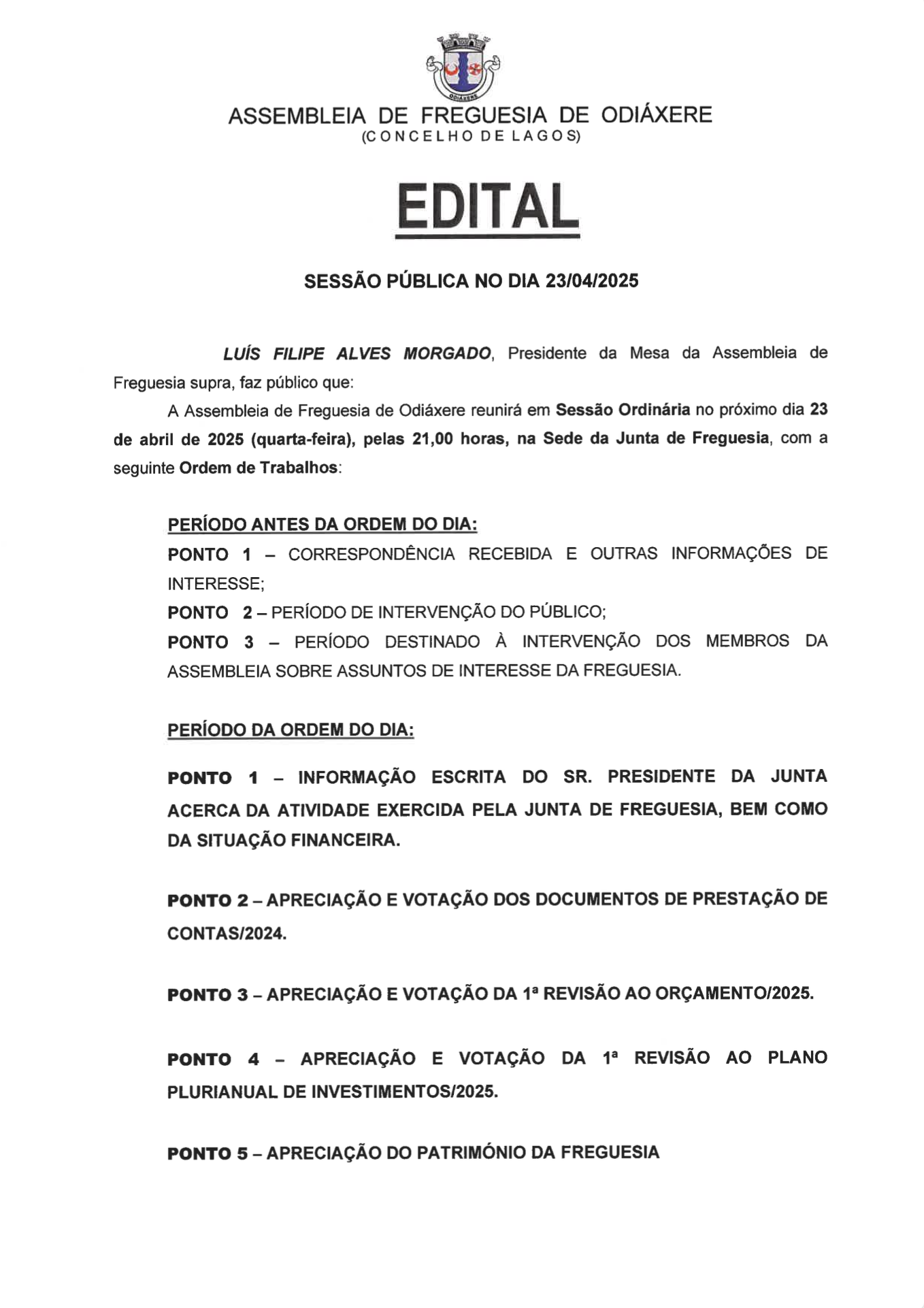 Imagem Edital - Convocatória da Assembleia de Freguesia - Sessão Ordinária - Dia 23 de abril 2025