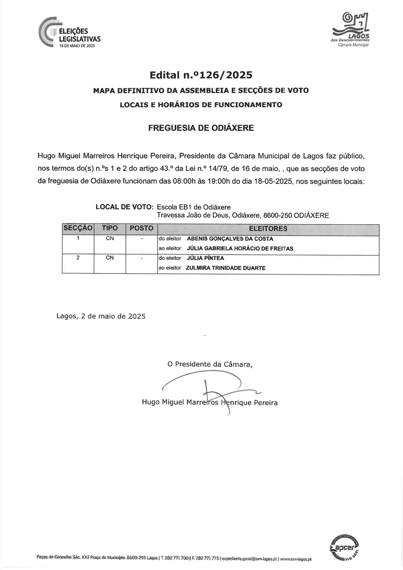 Imagem Edital n.º126/2025 - Mapa definitivo da Assembleia e Secções de Voto - Locais e horários de funcionamento - Freguesia de Odiáxere