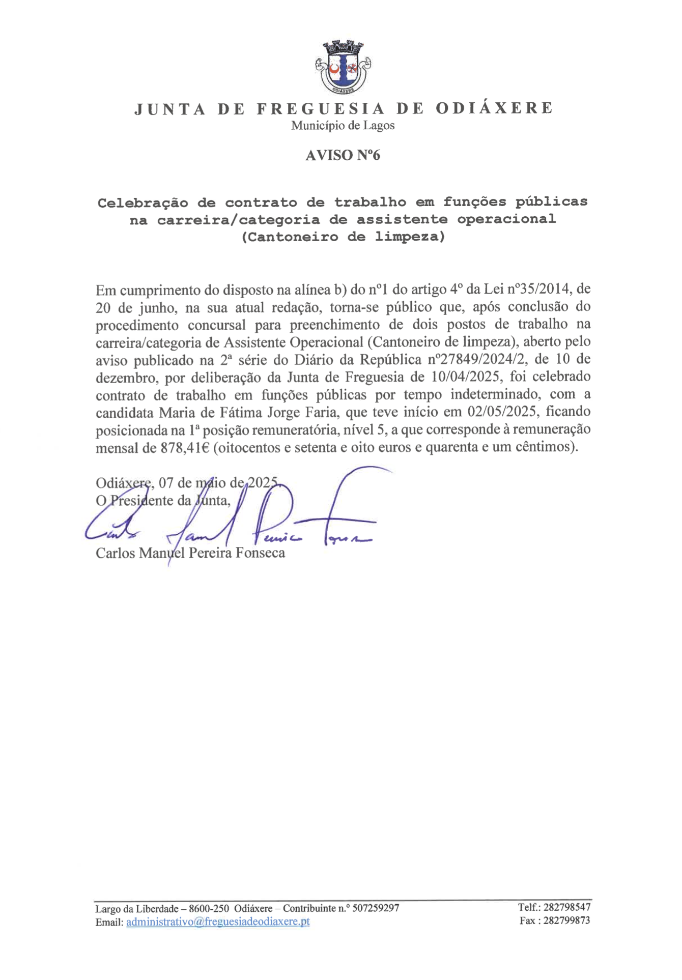 Imagem Aviso n.º 6 - Celebração de contrato de trabalho em funções públicas na carreira/categoria de assistente operacional Cantoneiro de limpeza
