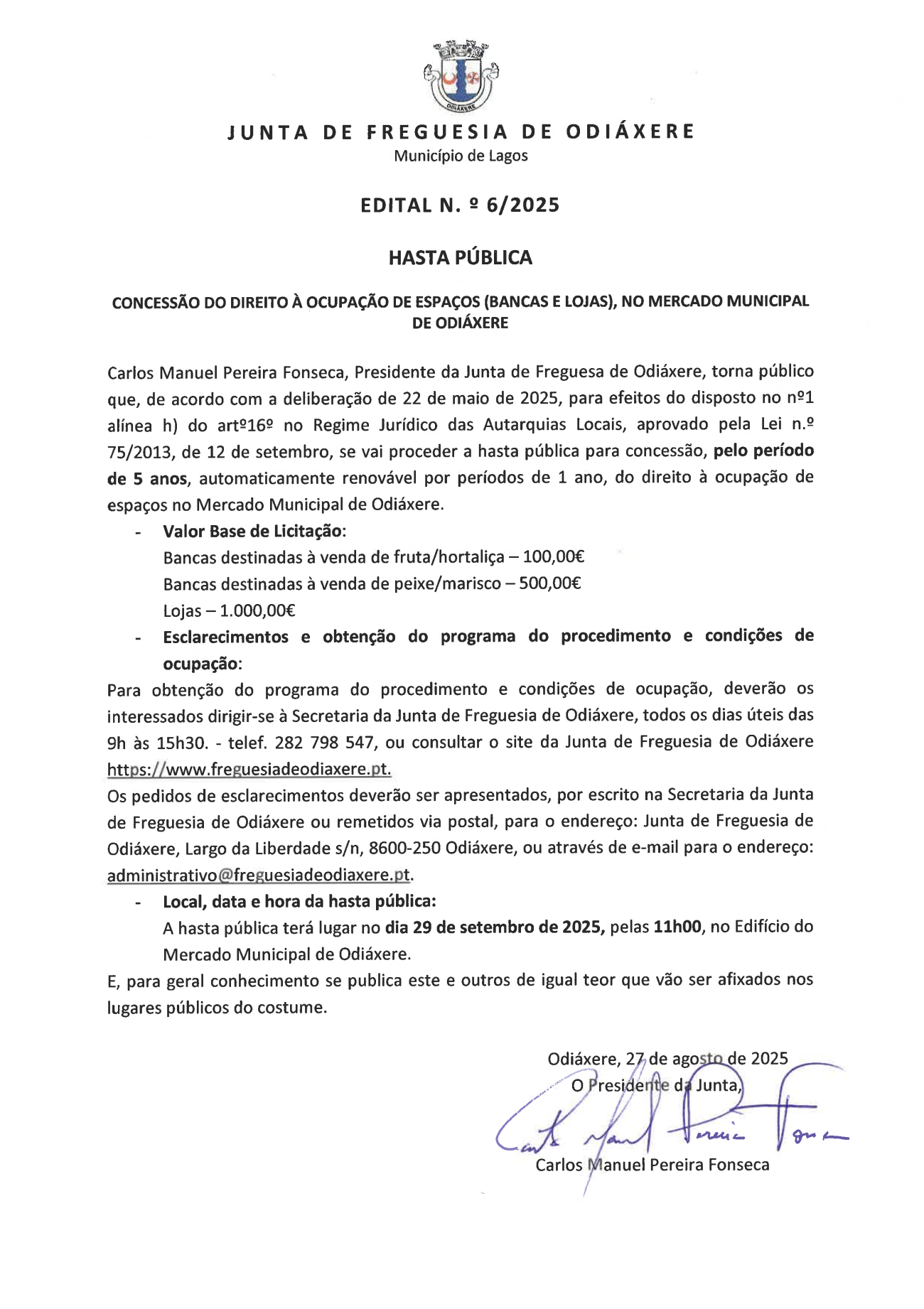 Imagem Edital n. ° 6/2025 - Hasta Pública - Concessão do Direito à Ocupação de Espaços (Bancas e Lojas), no Mercado Municipal de Odiáxere