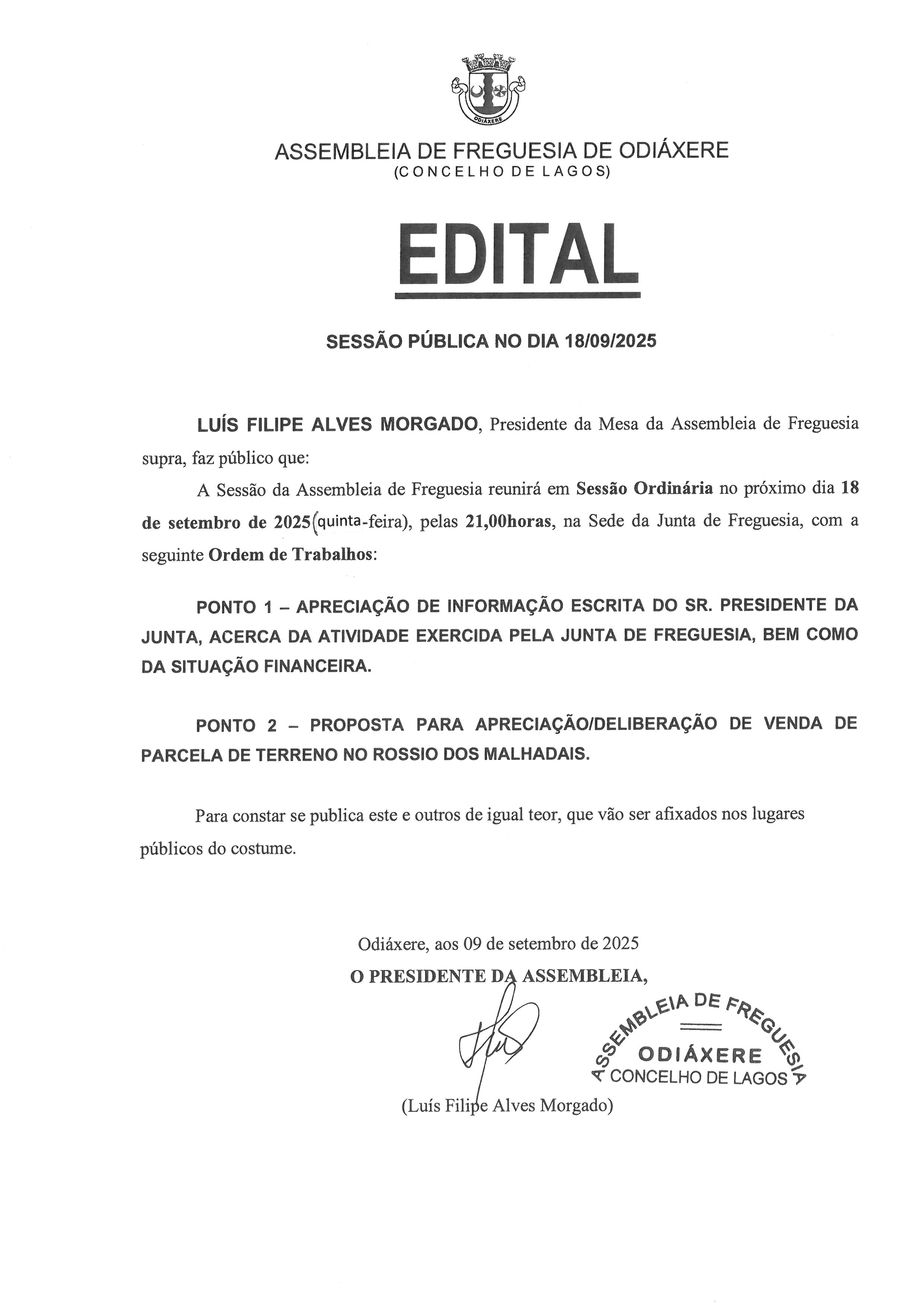 Imagem Edital - Convocatória da Assembleia de Freguesia - Sessão Ordinária - Dia 18 de setembro 2025