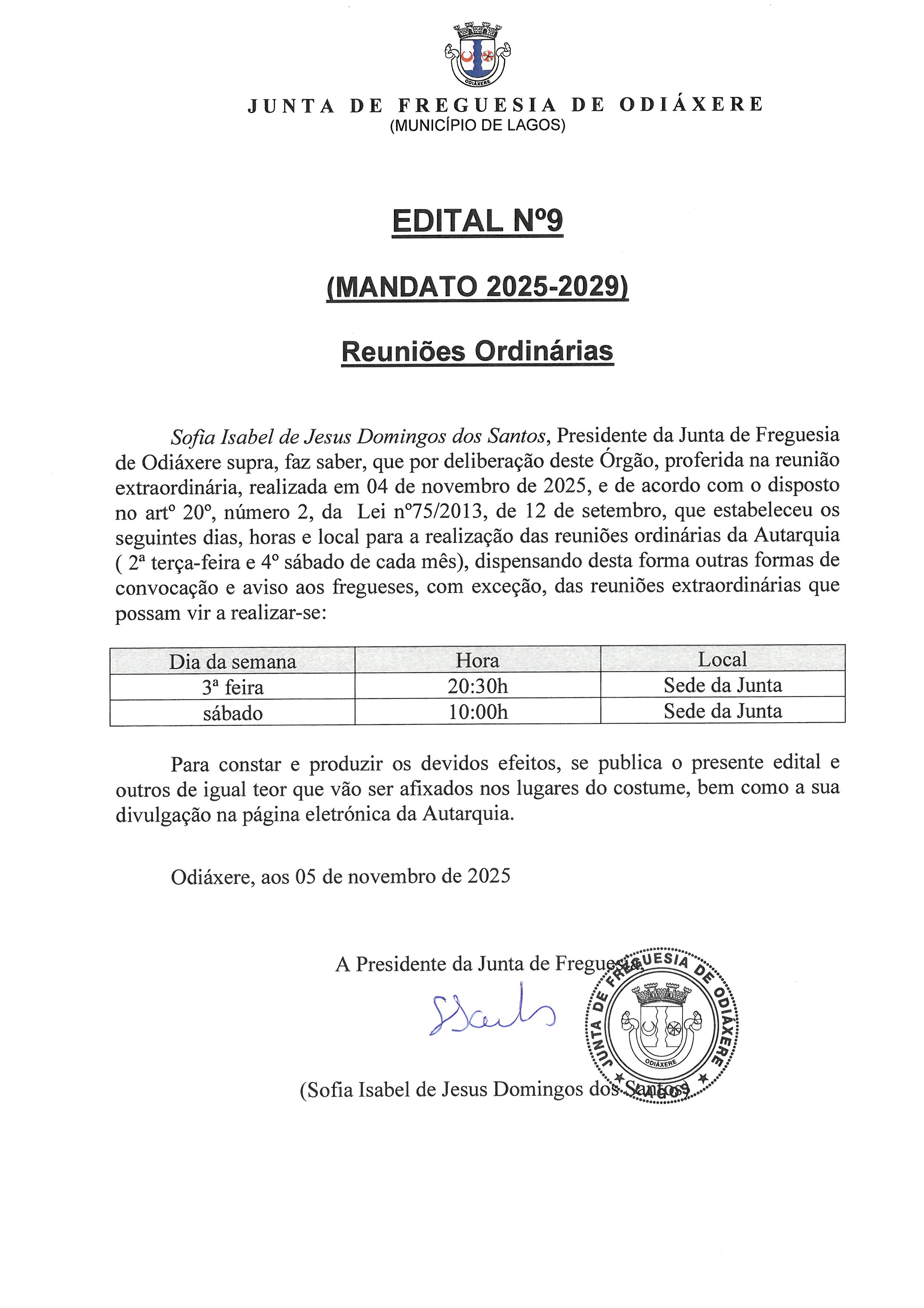 Imagem Edital n.º 9/2025 - Horário das reuniões ordinárias do Executivo