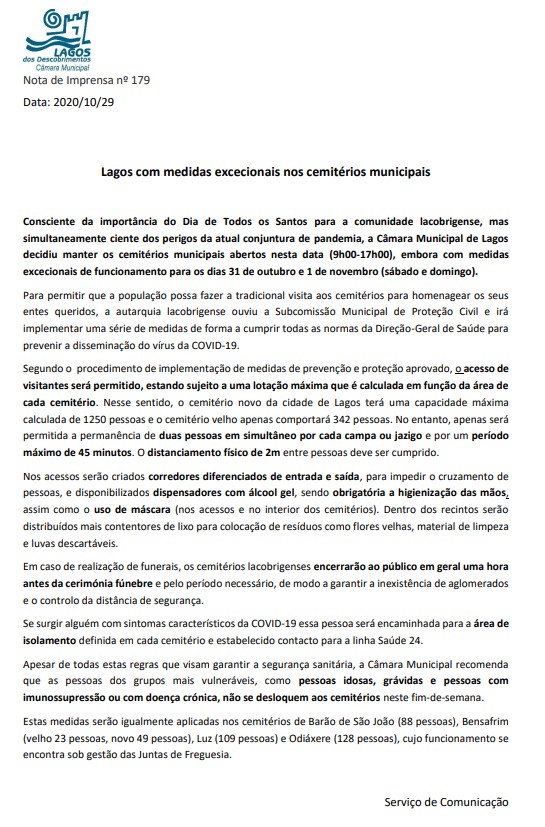 Imagem Lagos com medidas excecionais nos cemitérios municipais