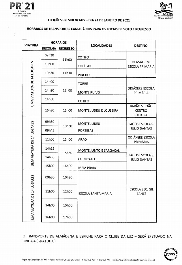 Imagem HORÁRIOS DE TRANSPORTE CAMARÁRIOS - ELEIÇÕES DE 24 DE JANEIRO DE 2021