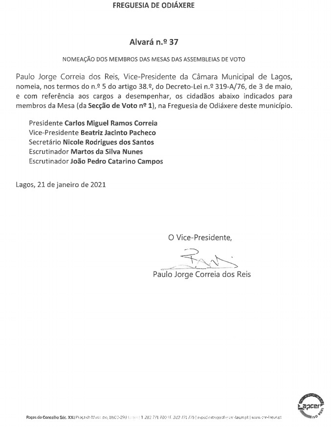 Imagem Nomeação dos membros da assembleia de voto - alvará nº37