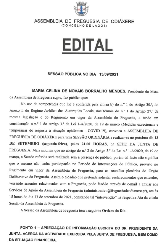 Imagem EDITAL - ASSEMBLEIA DE FREGUESIA DE ODIÁXERE